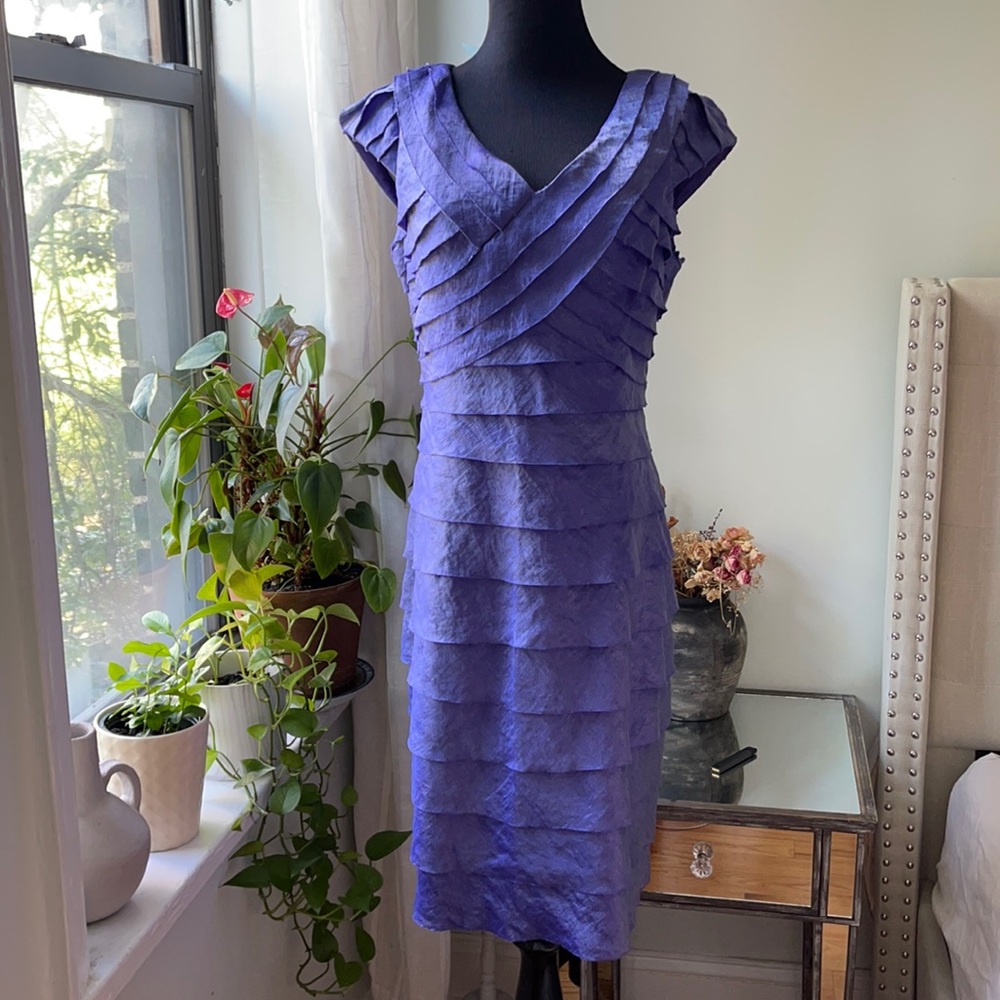 London Times Dress Tiered Purple Iridescent Cap Sleeve Mother Bride Raw Edge